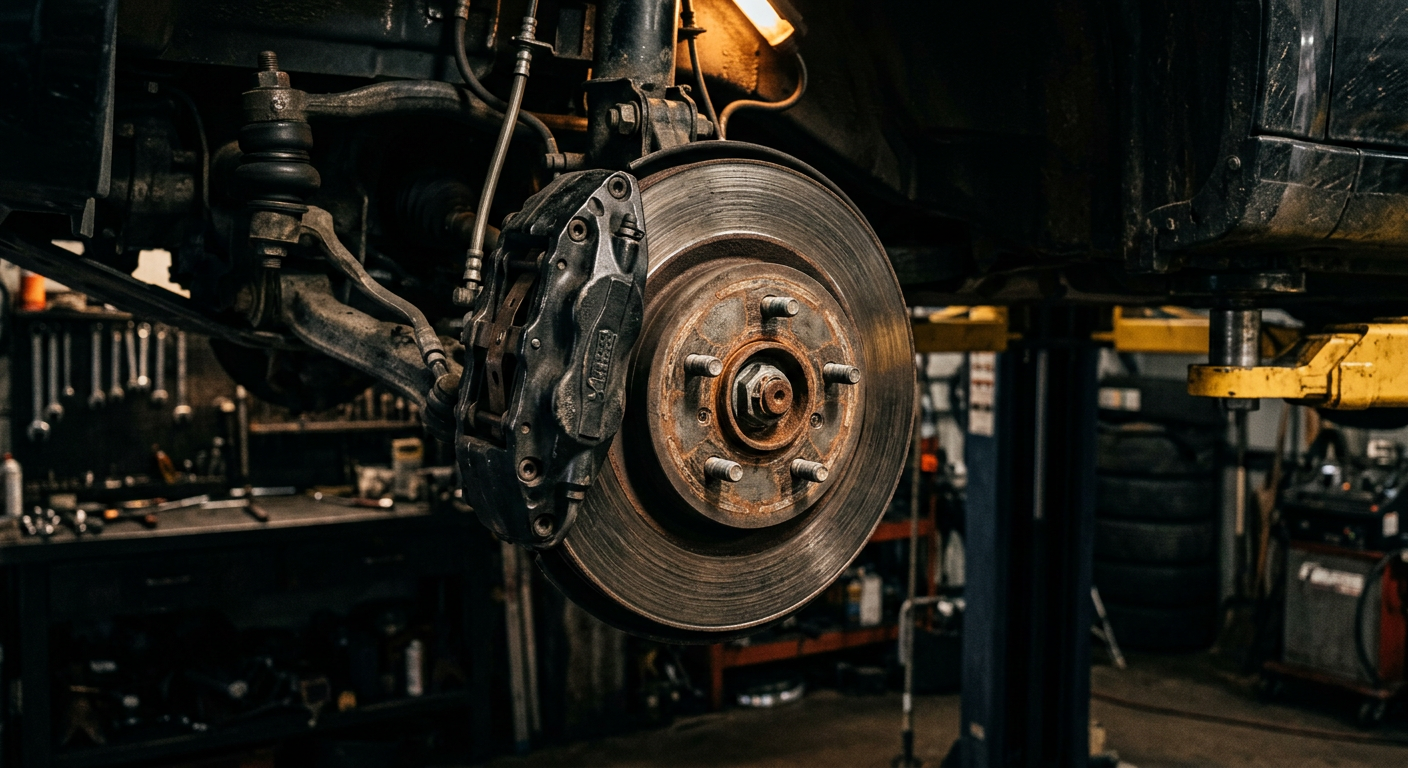 Brake rotor and caliper being serviced
